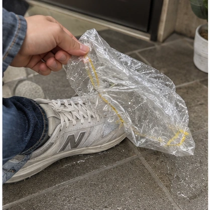 100均 靴カバー 濡れた道路で使っている様子